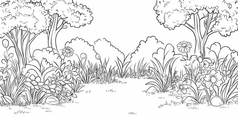 Line Art Forest Trail: An idyllic black and white illustration of a forest scene, featuring a winding trail through lush vegetation, tall trees, and a variety of flowers.
