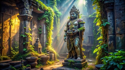 Fototapeta premium Weathered Temple Guardian Statue, Urban Exploration Photography