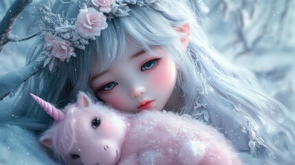 Winter fairy doll hugging unicorn, snowy forest