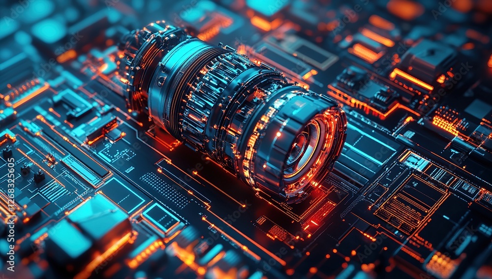 Poster advanced futuristic engine design: exploring complex mechanics and circuitry with glowing details