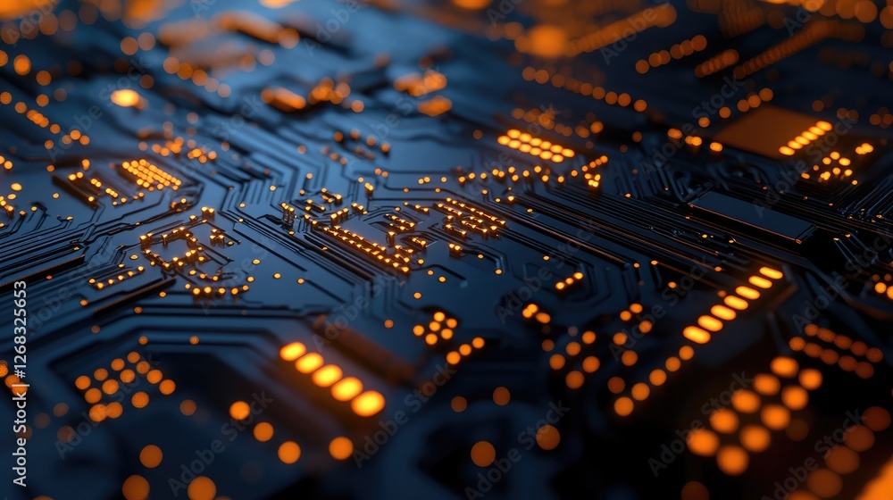 Poster a close-up view of glowing abstract circuits forming a high-tech digital pattern, with plenty of roo
