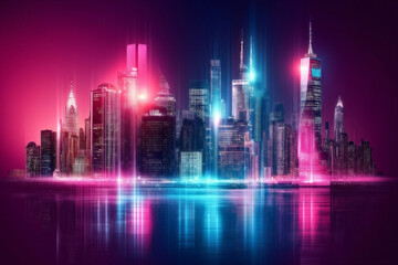 Fototapeta premium A cyberpunk cityscape with glowing neon lights reflecting on water at night.
