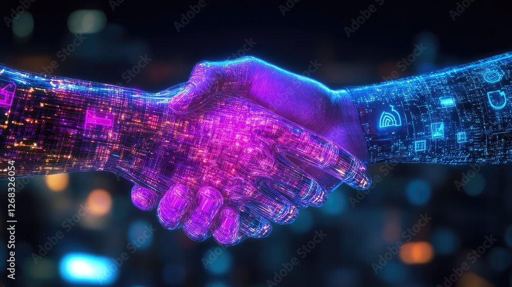 Poster a cyber-security handshake in a virtual environment, symbolizing secure business collaborations. cop