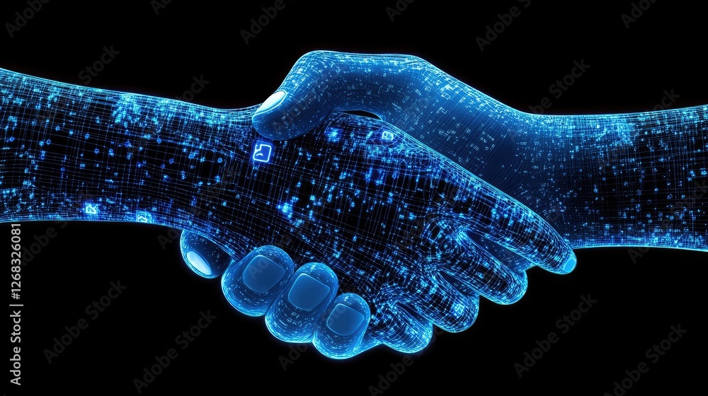 Poster a cyber-security handshake in a virtual environment, symbolizing secure business collaborations. cop