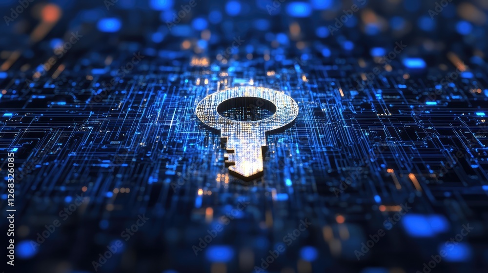 Poster a cyber keyhole floating above a digital network grid, symbolizing internet security. copy space ava