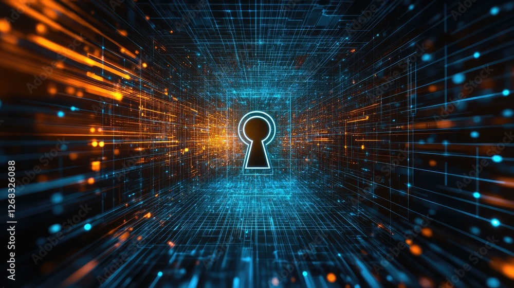 Poster a cyber keyhole floating above a digital network grid, symbolizing internet security. copy space ava