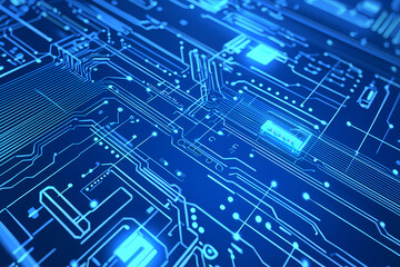 An intricate vector illustration of a blue circuit board with futuristic digital tech elements.