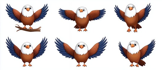 Naklejka premium Illustration of a Bald Eagle in Various Poses with Outstretched Wings on a White Background