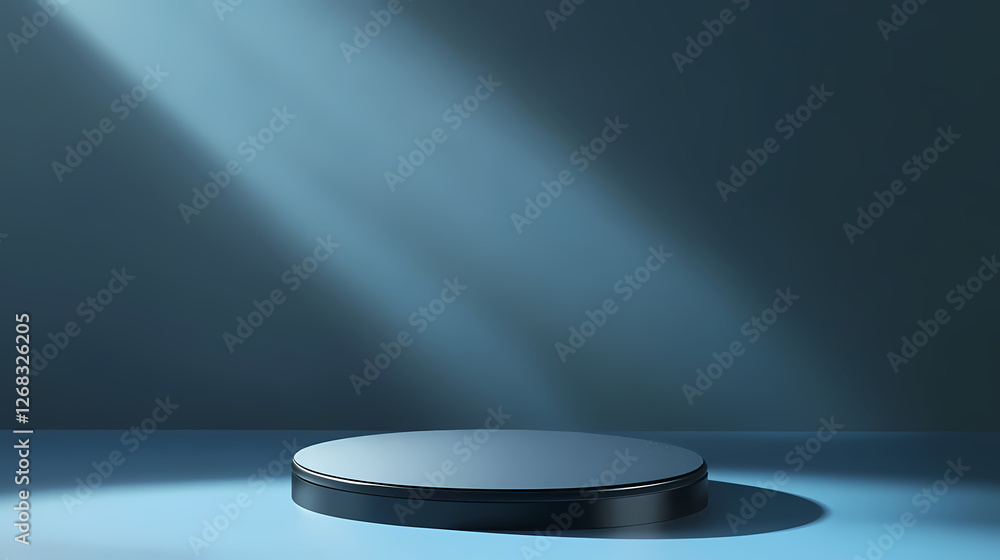 Poster 3d render of a circular platform with shadows on a blue background