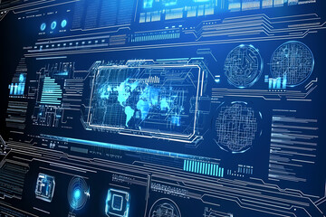 Obraz premium An intricate vector illustration of a blue circuit board with futuristic digital tech elements.