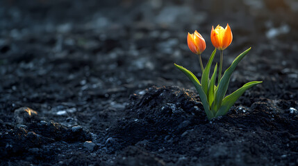 Obraz premium Hope Amidst Ashes: Two vibrant orange tulips emerge triumphantly from dark, barren earth, bathed in the soft glow of sunlight, symbolizing resilience and the promise of new beginnings.