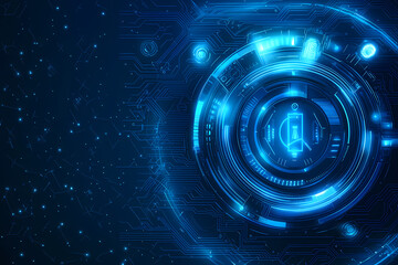 An intricate vector illustration of a blue circuit board with futuristic digital tech elements.