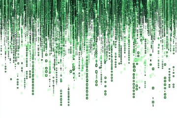 Green digital rain falling on white background, data stream, website banner