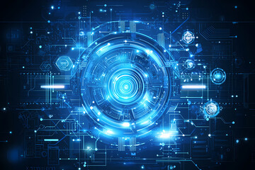 An intricate vector illustration of a blue circuit board with futuristic digital tech elements.