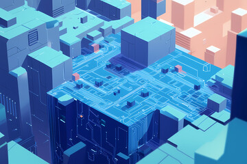 An intricate vector illustration of a blue circuit board with futuristic digital tech elements.