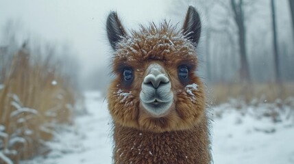 A close-up of an alpaca's face covered in snow