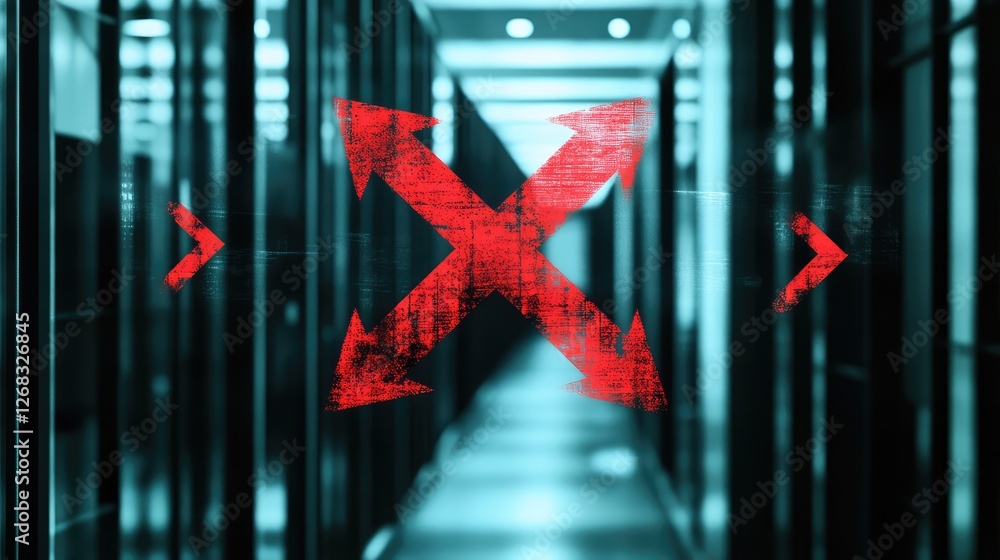 Poster a failing business icon with a red x and declining stock market arrows displayed on a dark office ba