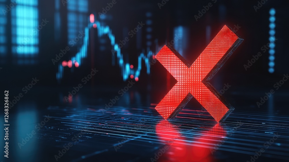 Poster a failing business icon with a red x and declining stock market arrows displayed on a dark office ba