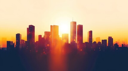 Fototapeta premium A dramatic silhouette of a city skyline with tall business buildings against a glowing sunset, symbolizing corporate success and finance. Copy space included.