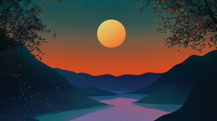 Big yellow moon shining over winding river at sunset with fireflies