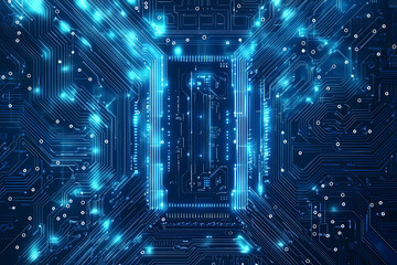 An intricate vector illustration of a blue circuit board with futuristic digital tech elements.