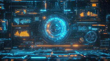 Obraz premium A futuristic business interface with profit analytics glowing in neon blue, symbolizing a growing and profitable company. Copy space included.