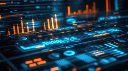 A futuristic business interface with profit analytics glowing in neon blue, symbolizing a growing and profitable company. Copy space included.