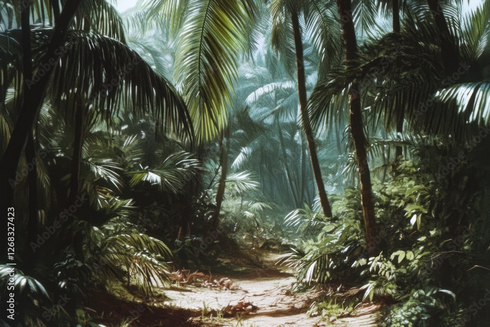 Poster a tropical jungle scene where coniferous trees are mingled with palm trees, creating a unique ecosys