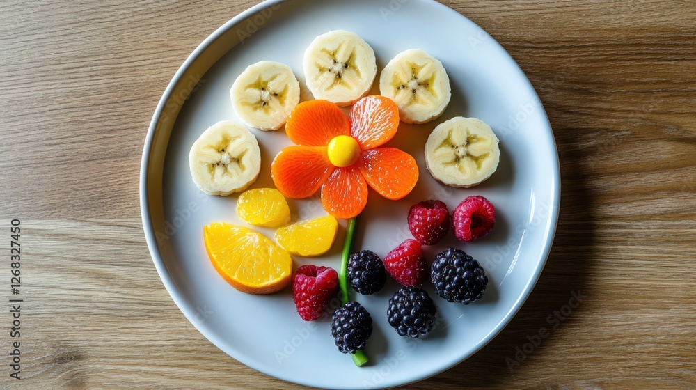 Canvas Prints Creative Fruit Plate with Banana Slices, Orange Flower and Fresh Berries