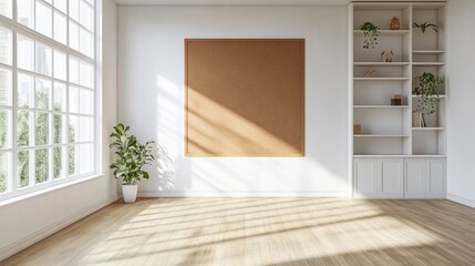 Fototapeta premium Sunny room, corkboard, bookshelf, plant, interior design