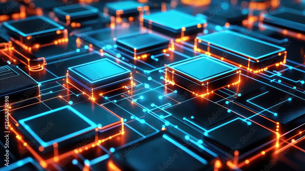 Poster a glowing d rendering of interconnected digital devices surrounded by neon lines and dots, symbolizi