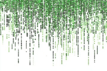 Green digital rain falling on white background, data stream, tech banner