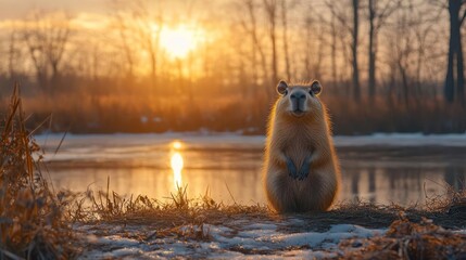Obraz premium Capybara standing on snow-covered ground at sunset