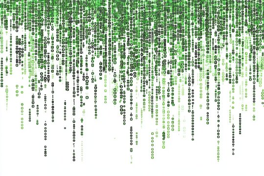 Green digital rain falling on white background, data stream, tech banner