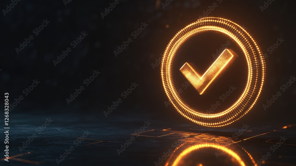 Poster a glowing golden checkmark inside a circle, symbolizing success, completion, and validation. minimal