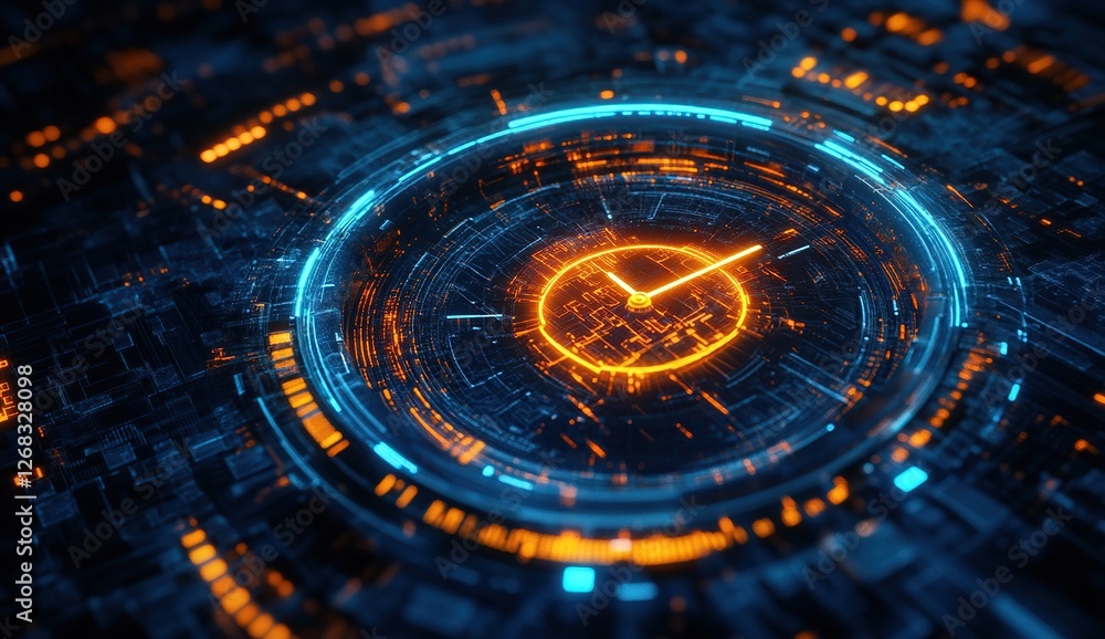 Poster digital clock interface displays futuristic time, showing technological advancement in circuits.