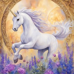Naklejka premium Majestic White Unicorn Rearing Amidst Vibrant Purple Flowers Under Celestial Backdrop
