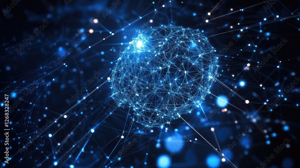 Poster a glowing neural network with business symbols, representing ai-powered collaboration. copy space av