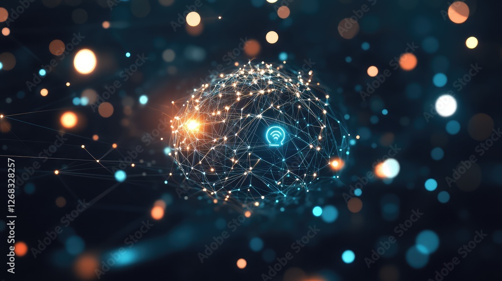 Poster a glowing neural network with business symbols, representing ai-powered collaboration. copy space av