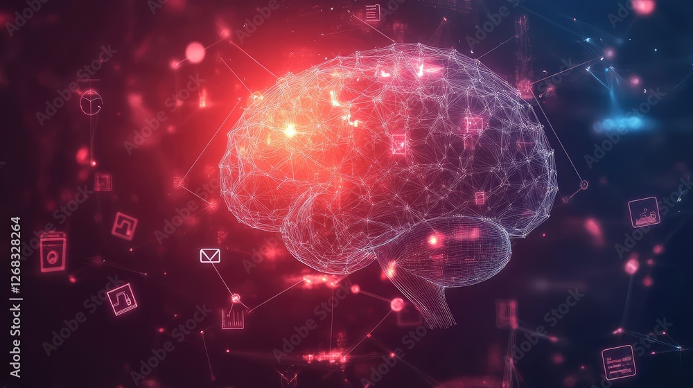 Poster a glowing neural network with business symbols, representing ai-powered collaboration. copy space av