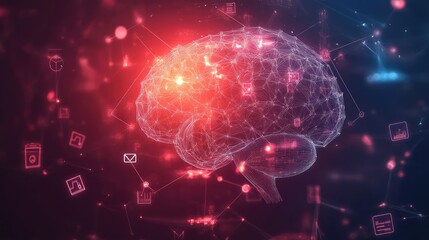 Obraz premium A glowing neural network with business symbols, representing AI-powered collaboration. Copy space available.
