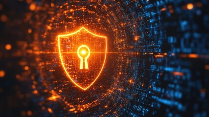 A glowing shield with a keyhole inside a digital tunnel, symbolizing secure internet browsing and online privacy. Copy space available.