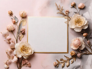 Blank wedding invitation surrounded by watercolor flowers.