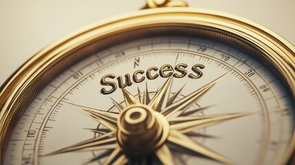 A golden compass with a bright Success direction, symbolizing guidance, leadership, and ambition. Clean background with copy space.