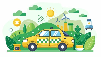 A sustainable taxi service concept prioritizing fuel-efficient vehicles, eco-friendly driving practices, and reduced emissions, appealing to environmentally conscious customers and promoting responsi