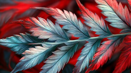 Red and Teal Detailed Leaf Macro Photography Botanical Nature Plant Vivid Colors Artistic Detailed Closeup Image Natural Texture Background Design    