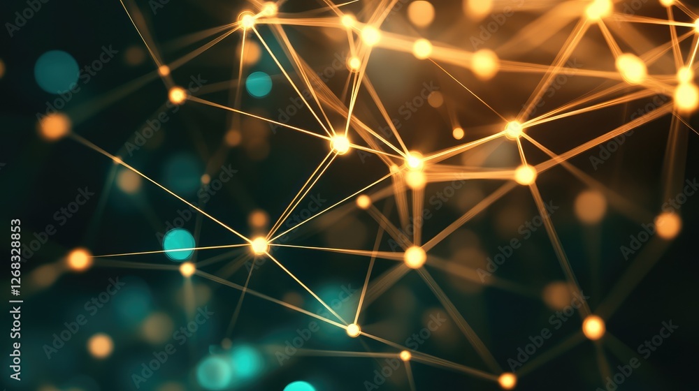 Poster a high-tech abstract background of glowing interconnected dots and lines, forming a digital web repr