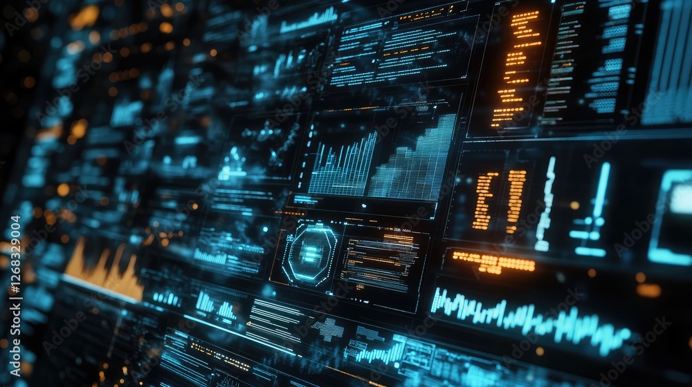 Poster a high-tech digital display with floating graphs and technology icons on a glowing background. room 