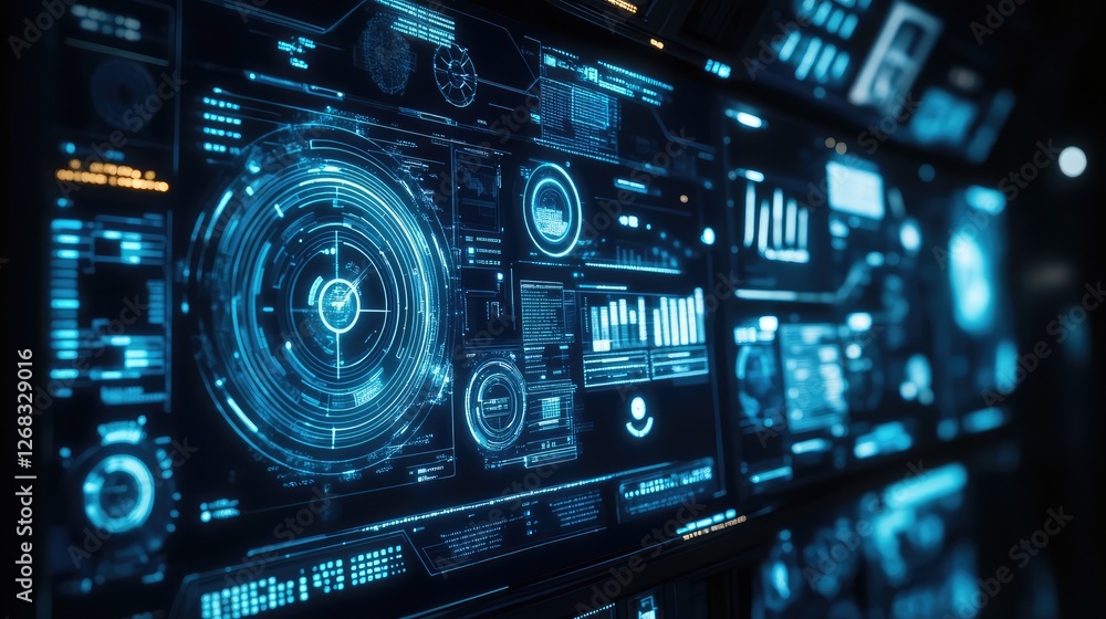 Poster a high-tech futuristic display with glowing data elements and abstract lines representing digital ad
