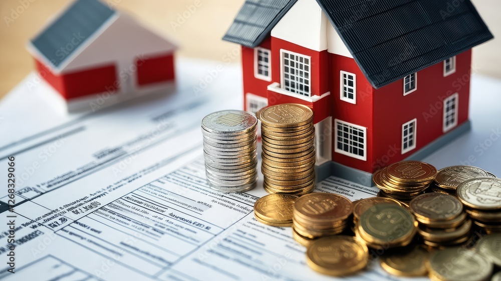 Poster a home loan application form placed next to a stack of coins and a house model, symbolizing financia
